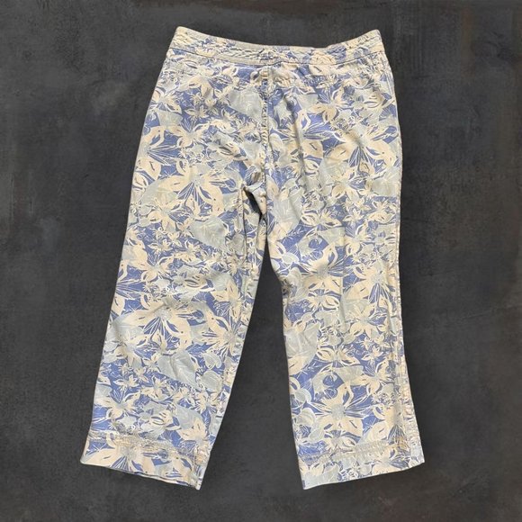 Sigrid Olsen So Blue Cropped Pants Womens Size 14P Blue White Flower 100% Cotton - Picture 2 of 9